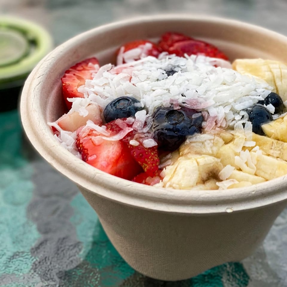 Acai bowl topped with strawberries, blueberries, bananas, and shredded coconut, served with a green smoothie.