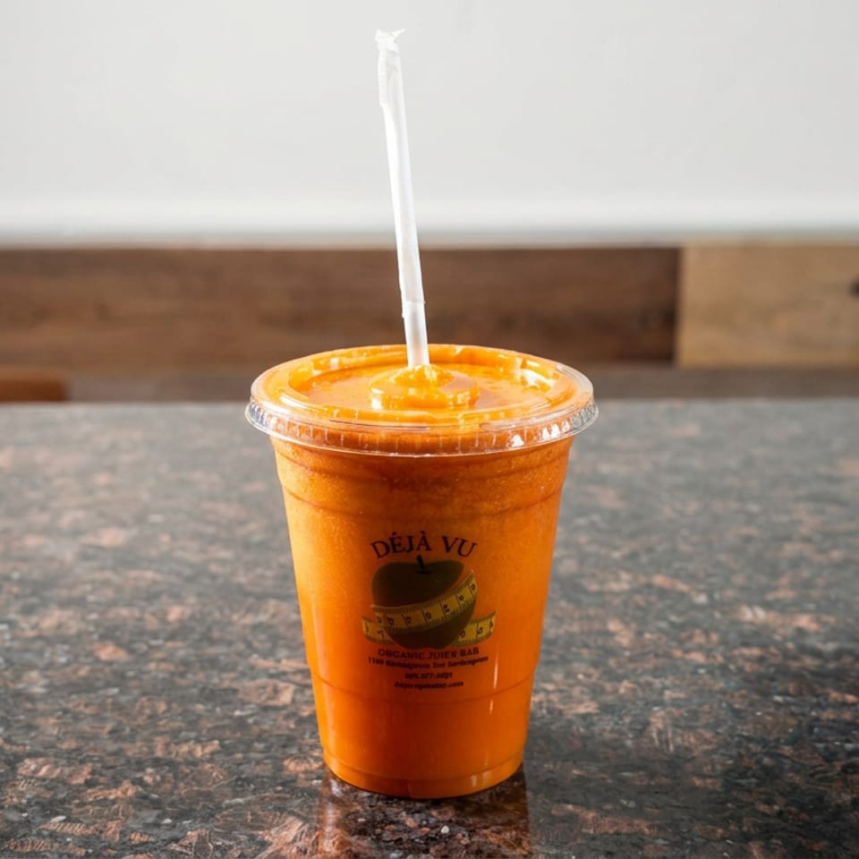 Orange iced beverage in a clear Deja Vu cup with a straw, displayed on a dark countertop.