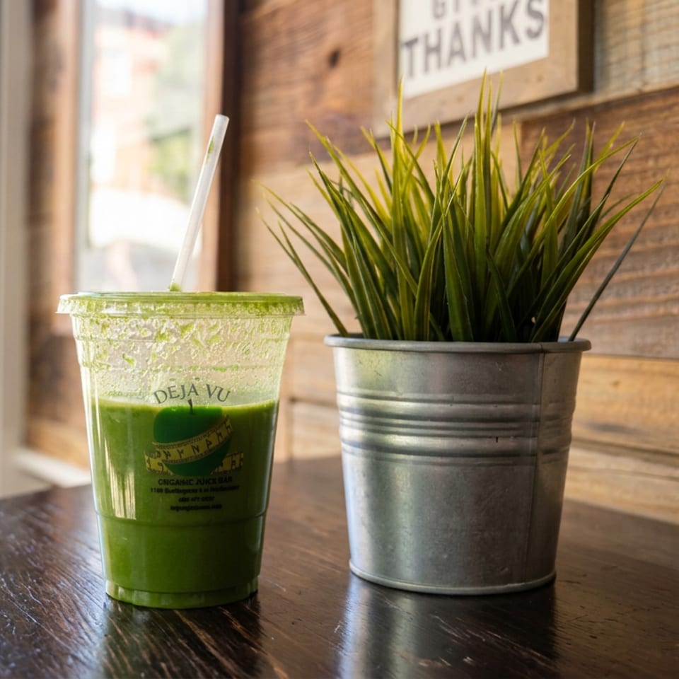 Green smoothie in a plastic cup beside a potted plant on a wooden table in a rustic café.