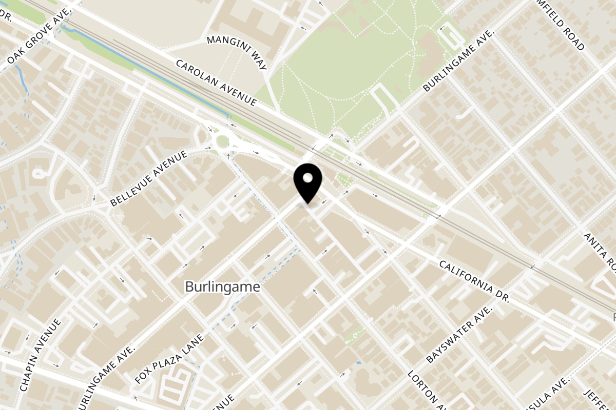 Map showing the location of Déjà Vu Juice Bar on 1109 Burlingame Ave in Burlingame